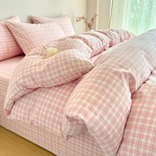 Pink Plaid Duvet Cover Set King 100 Washed Cotton Cute Pink Checked Bedding ...