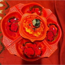 California Originals 735 Lazy Susan 4-Section Snack Set w/ Wood Base Mid Century