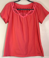 Jones NY Crochet Lace Trim Square Neckline Pink Blouse Women's Medium Cotton Top