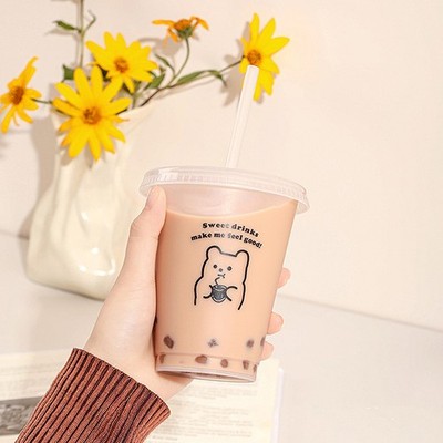 Kawaii Water Bottle For Coffee Juice Milk Tea Cute Plastic Cold Cups Straw ^^p