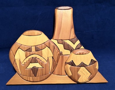 Vintage Intarsia Wood Mosaic 3D Pottery Compilation Wall Art 15'' wide, 11'' Tall