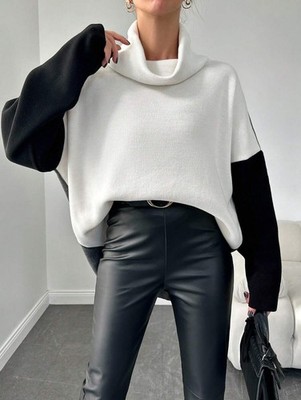 Sweater Pullover with Color Block, Drop Shoulder High Neck