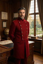 Men  s Red Wool Victorian Regency Tailcoat  Gothic Military Double-Breasted Coat