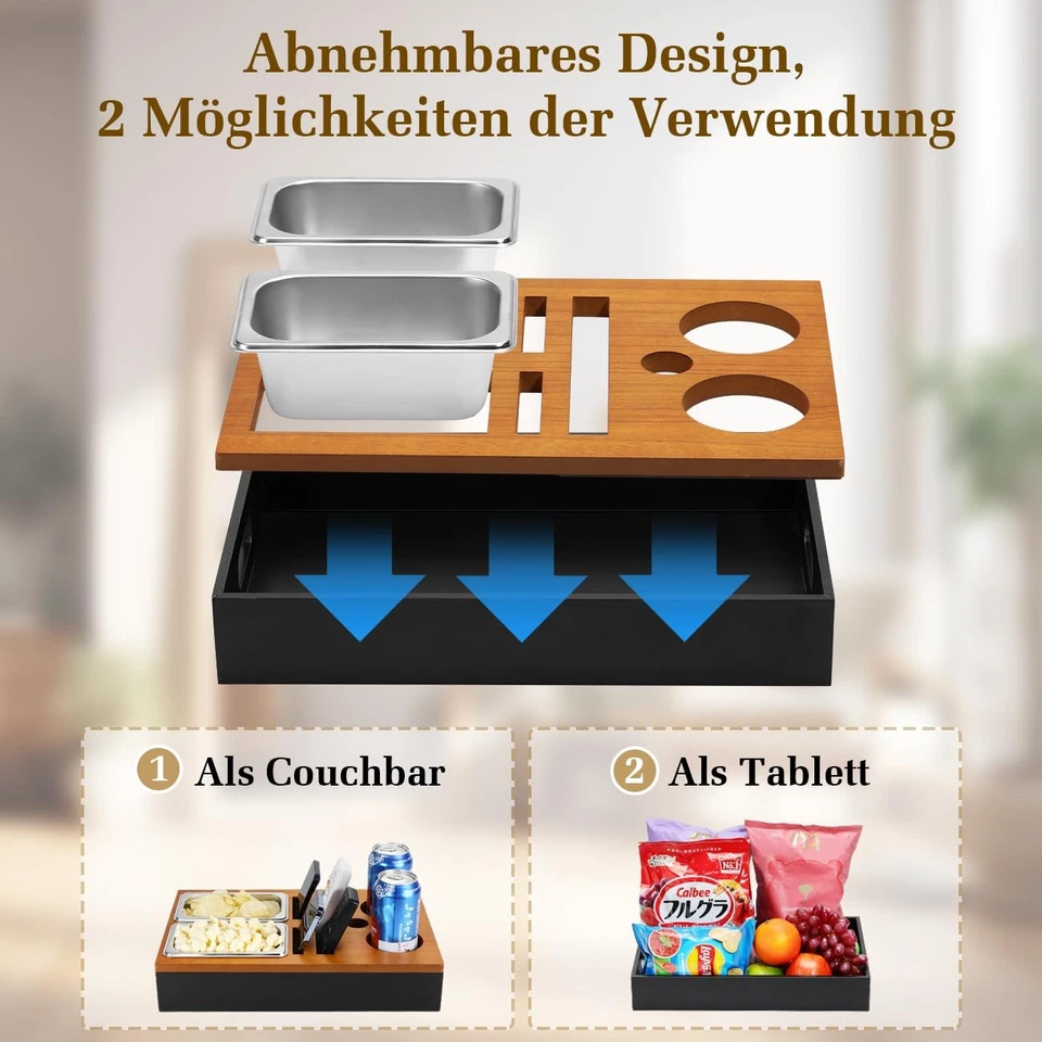 Holz Couchbar, Sofatablett Couch Butler mit 2 Edelstahl-Snackschalen und Getr... - Image 4 of 4