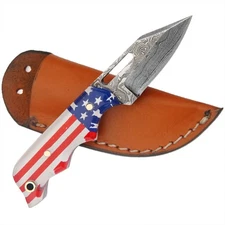 4.5" CUSTOM EDC HANDMADE DAMASCUS NECK KNIFE W/ USA FLAG HANDLE & LEATHER SHEATH
