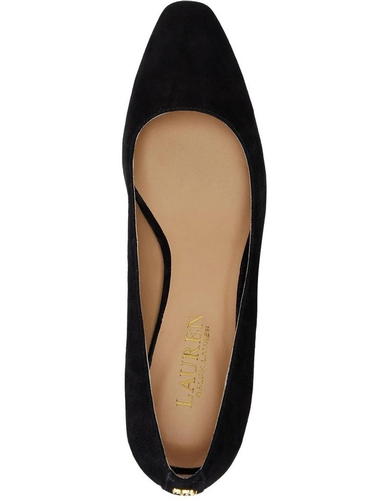LAUREN RALPH LAUREN WHITNEY GOLD LOGO KID SUEDE LEATHER HEELS PUMP SHOES BLACK 9 - Picture 6 of 8