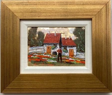 Guido Borelli "Vita di Provincia in Estate" Signed Original Oil on Gold Framed