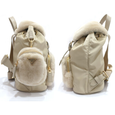 【限定価格】プラダRe‑Nylon and shearling backpack Prada Re-Nylon Shearling Backpack Rucksack 1Bz074 Nylon Sand