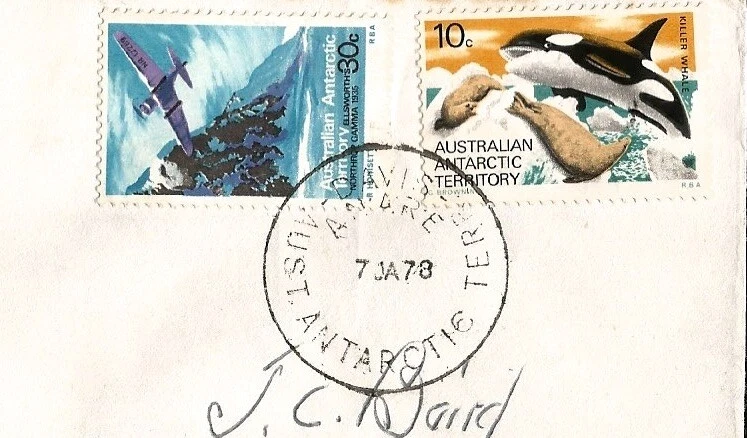 Carta matasellada de la Estación Antártica Australiana Davis a Estados Unidos sello de ballena asesina Foto 2 de 2