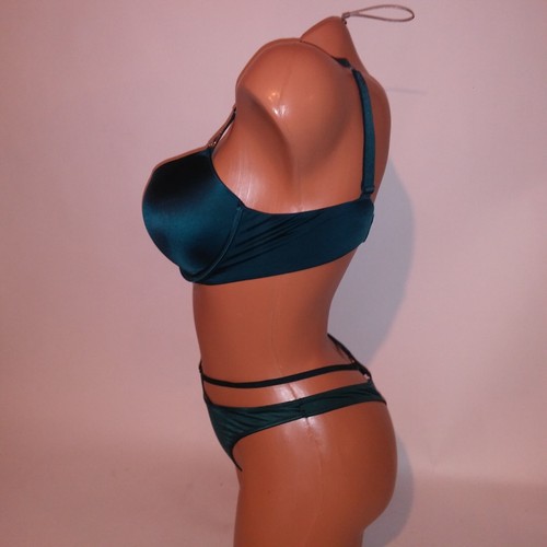 Victoria Secret Bra Set 36C Push Up Medium Panty Shine Strap Teal Thong Rhinesto - Picture 8 of 13