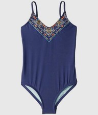  146 Hobie Swimwear Kids Girl Blue Embroidered V-Neck One-Piece Swim Swimsuit 10