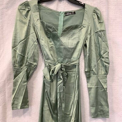 Chicme Womens Green Tie Waist High Slit Ruched Plain Evening Dress Size  Small | eBay