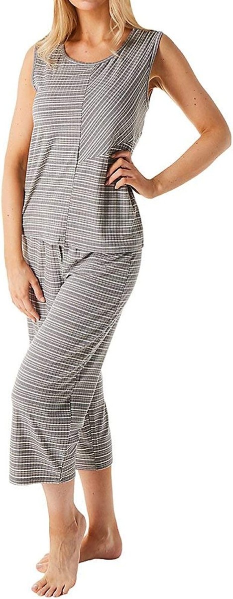 NWT! TAHARI Sz L Sleeveless Tank Capri Pants Pajama Set T100880 Gray  Stripes