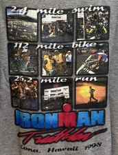 IRONMAN Triathlon Vintage 90s 1998 Kona Hawaii Gray Cropped Mens T Shirt Sz L