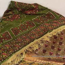 Vintage Olive Green Gold Red Saree Beaded Fringe Sari Fabric 210"x44"