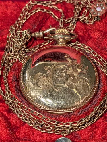 Antique 1905 Elgin Pocket Watch 14K GF Crescent Case Opal Slide- RUNNING (B2)