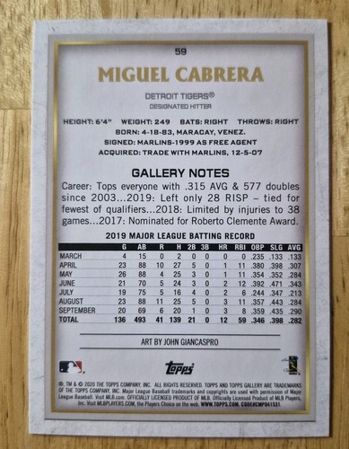Miguel Cabrera | 2020 Topps Gallery #59 Detroit Tigers - Picture 2 of 2