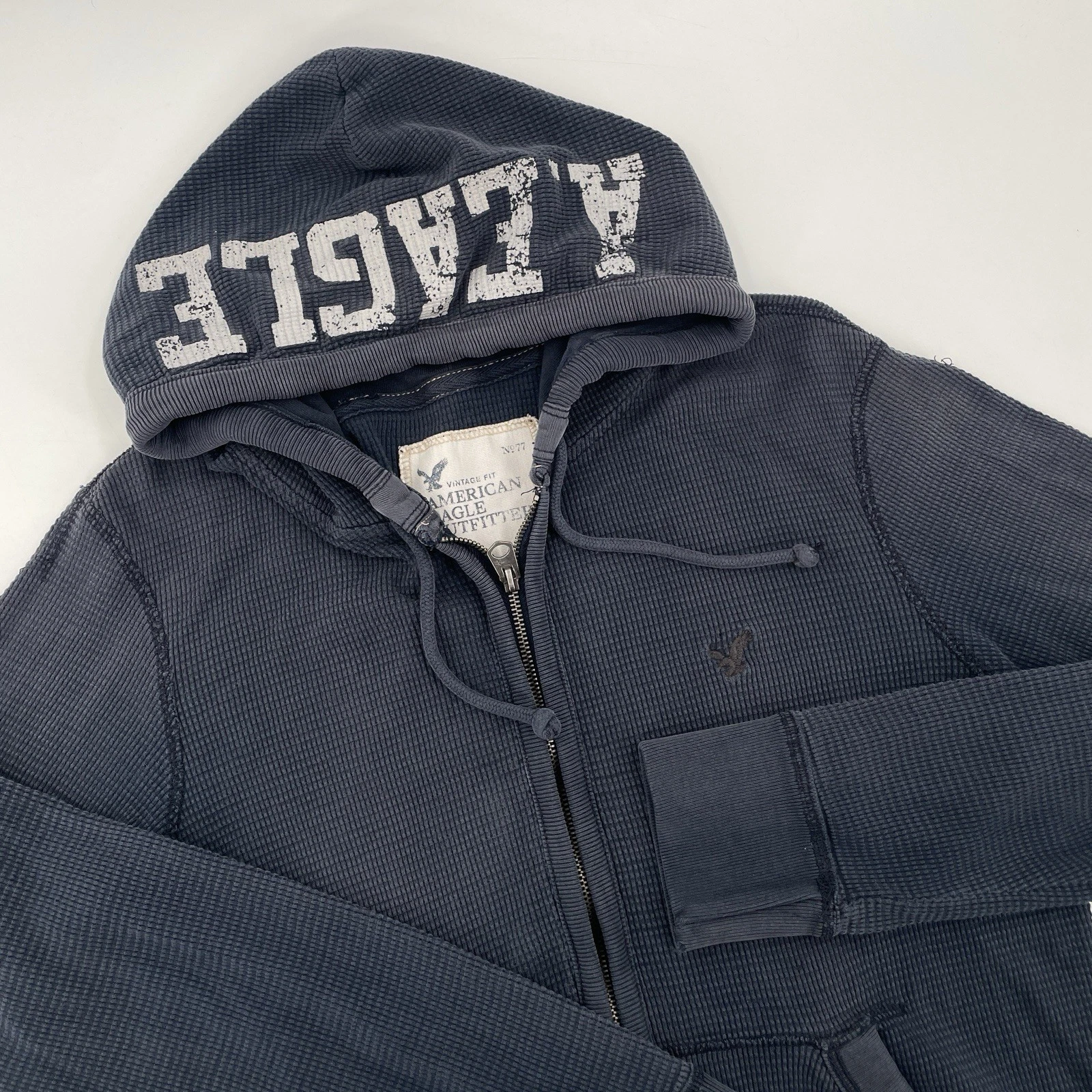 Y2k American Eagle Faded Blue Full Zip Waffle Knit Thermal Hoodie - Mens Size M