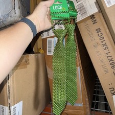 Two NEW Beaded GREEN Necktie MESH Tie is 12" Long Adjustable St Patrick  s Day