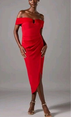 Coast  Womens Red Bardot Scuba Bodycon Midi Occasion Dress Formal Party Ruched 2