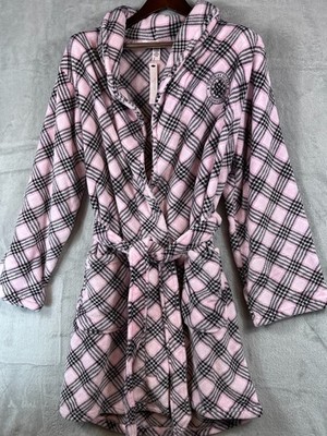 Victoria s Secret Women M/L Plaid Short Fleece Robe Pink Black Soft Plush NWT