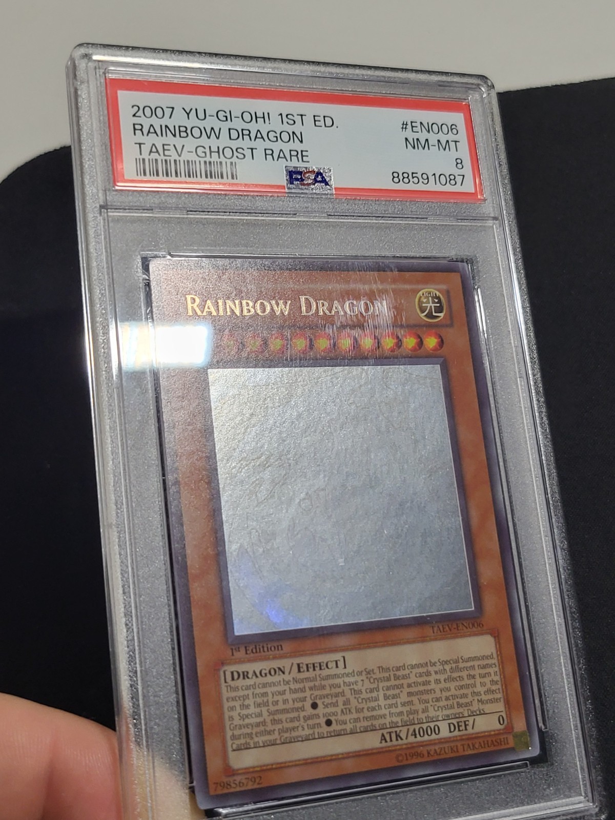 Yugioh 2007 Rainbow Dragon TAEV-EN006 1st Edition Ghost Rare PSA 8 (Clean Foil) view 8
