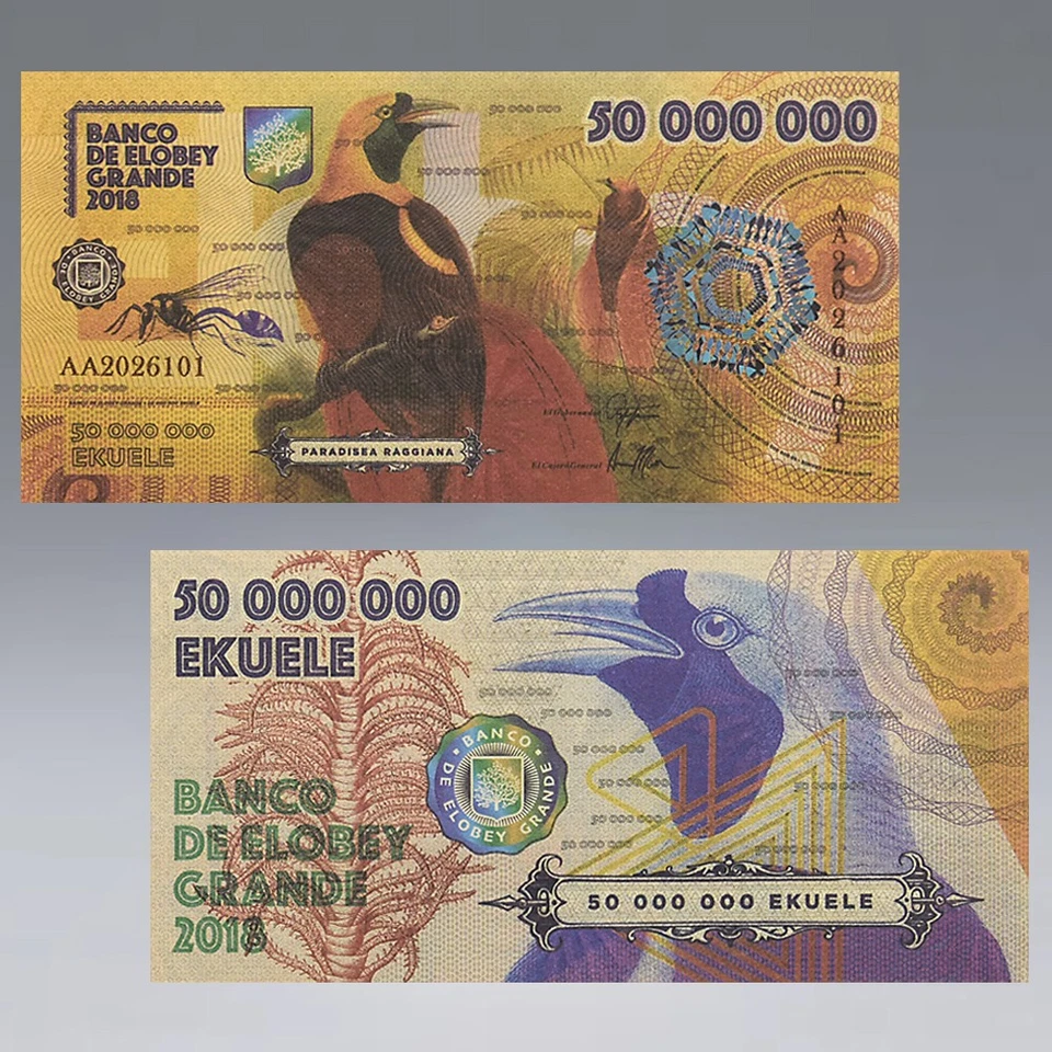 6 Stück Banco De Elobey Grande 2018 50-1000000000 Ekuele Fantasy Banknoten Set Vögel - Bild 3 von 4
