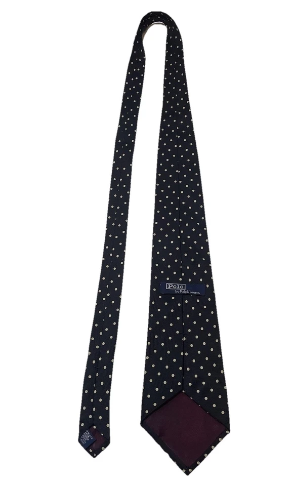 Corbata de seda vintage Polo Ralph Lauren lunares negros/blancos hechos a mano en EE. UU. Foto 3 de 4