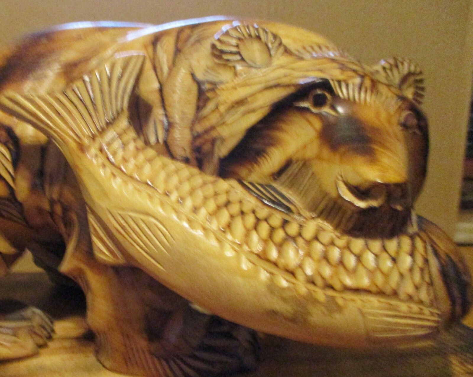 Rare Vintage Large Japan Ainu Bear with Salmon Hokkaido with Freestanding Base