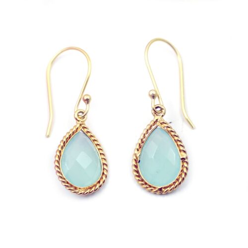 Vintage Style Aqua Chalcedony Pear Shape Wire Wrapped Gold Plated Earring