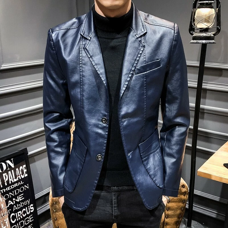 Chaqueta de cuero para hombre calce ceñido dos botones blazer negocios solapa abrigo informal fiesta Foto 3 de 4
