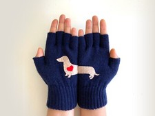TALKINGLOVES Handmade Angora Women Kids Blue Fingerless Gloves DACHSHUND DOG
