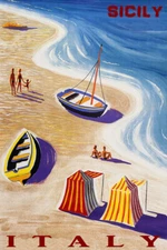 Sicily Italy Beach Family Fun Boat Summer Travel Vintage Poster Repro FREE S/H
