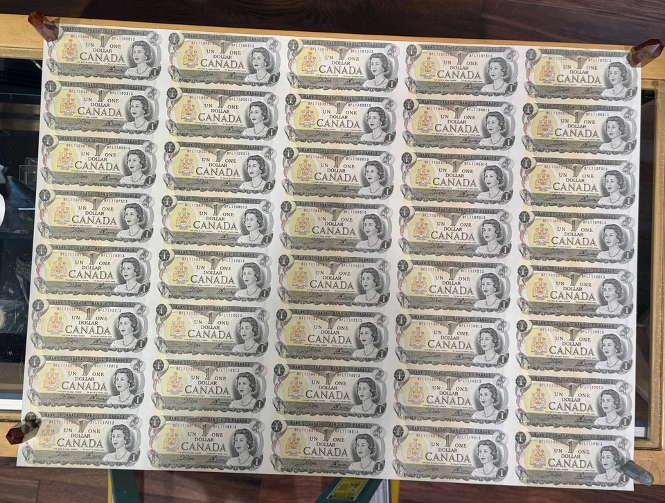 Rare 5 x 8 UNCUT SHEETS 1973 Bank of Canada $1 Banknote, rolled, Excellent Grade - Image 2 of 4
