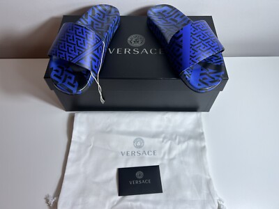 New Versace Gomma Greca pattern Slides Black Royal Blue Casual Sandals Sz 38