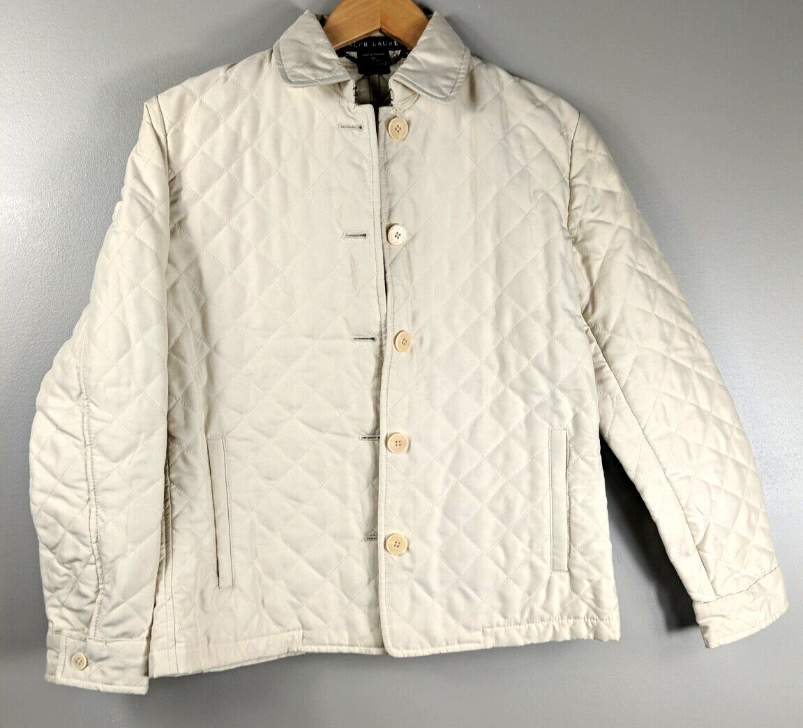 Ralph Lauren Womens Cream Quilted Jacket, Button Front, Collared, Small