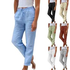 Women Cotton Linen Trousers Ladies Summer Casual Elastic Waist Bottoms Pants UK