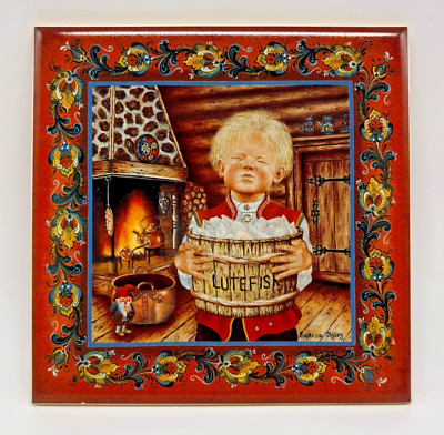 Suzanne Toftey 6'' Rosemaling Tile Trivet Lutefisk Boy Nordic Folk Art Norway
