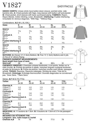 Vogue Easy SEWING PATTERN V1827 Unisex Shirts Sizes S-XXL - Picture 9 of 9
