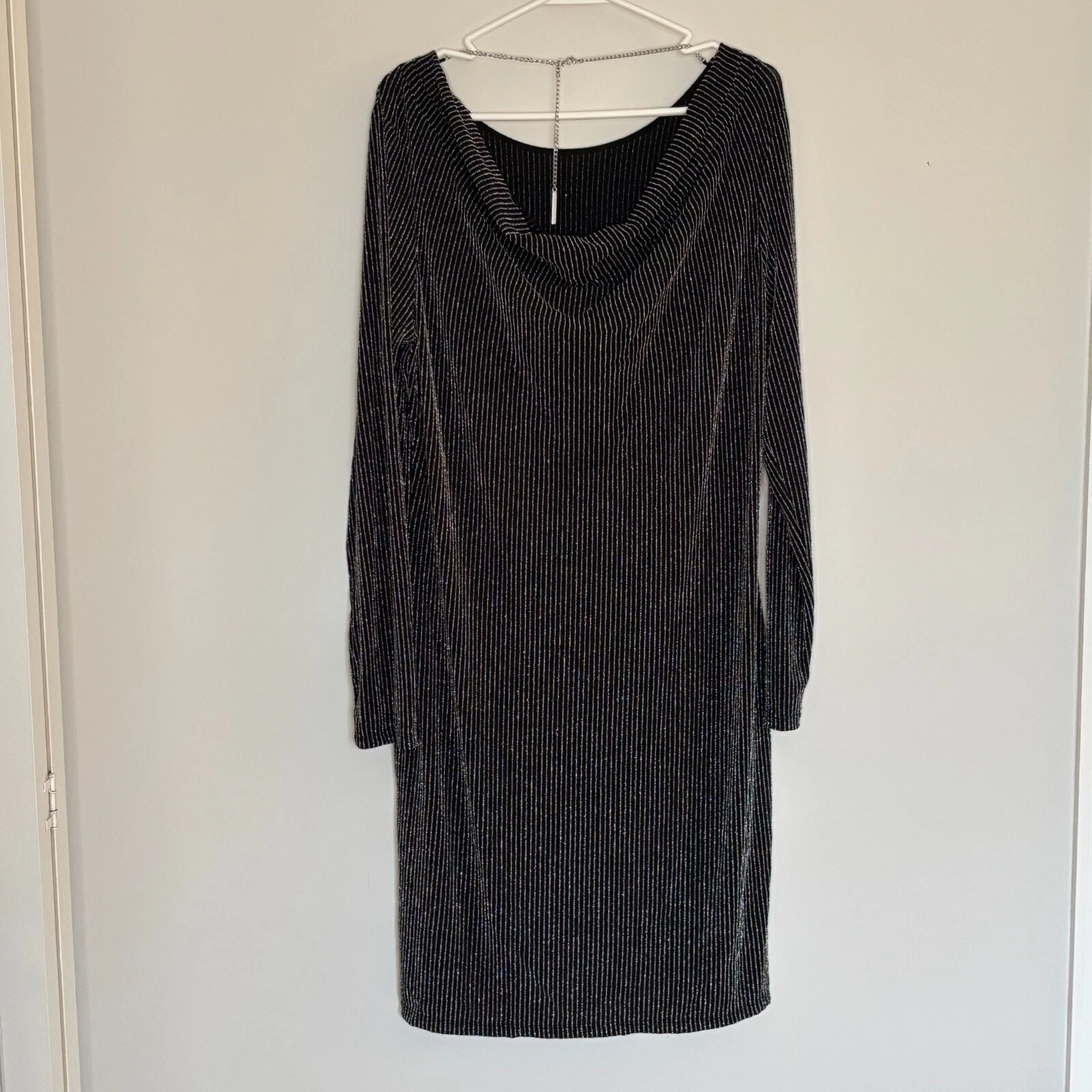 Abito MICHAEL Michael Kors elasticizzato cappuccio schiena nero argento taglia XL cocktail nuovo con etichette