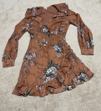 Leith Sz M Longsleeve Wrap Mini Dress, Burnt Orange, Floral Pattern