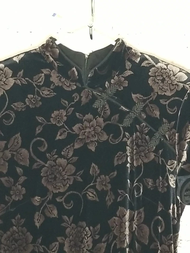 Maxi Vestido David Warren NY Mujer Talla 14 Inspirado en Asia Negro Floral Terciopelo Foto 3 de 4
