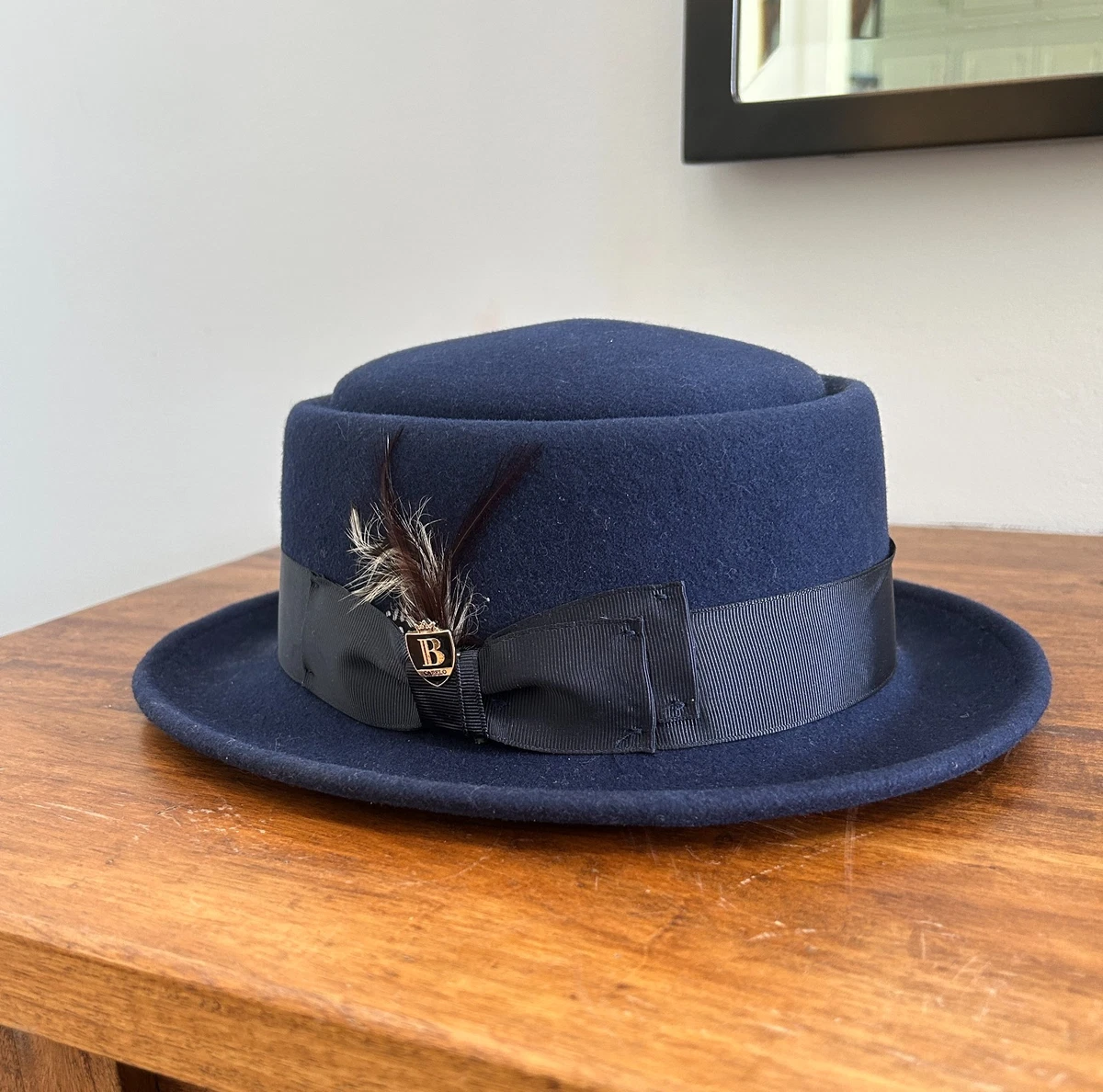 Vintage Georgi Navy Blue Wool Felt Boater Pork Pie Hat with Ribbon & Berries Pork Pie Wool Fedora Collection by Bruno Capelo main image 2