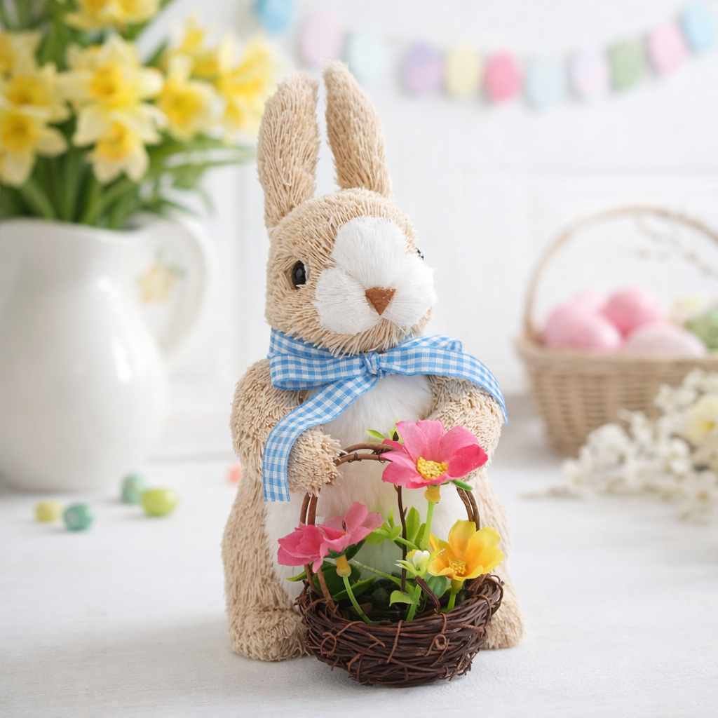 Gisela Graham Easter Bunny Decoration with Flower Basket Spring Ornament 19cm
