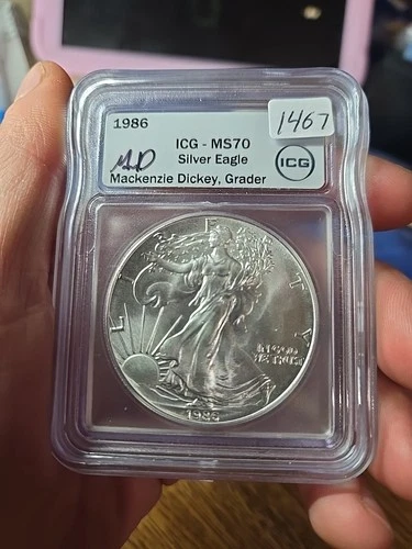 1986 MS70 Silver Eagle 1st Yr. of Issue. Signed By Grader Mackenzie Dickey