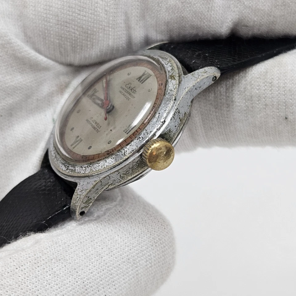 ESKA VINTAGE ATORNILLADO ACERO 17J CUERDA MANUAL HERMOSA ESFERA ROMANA 2 TONOS Foto 3 de 4