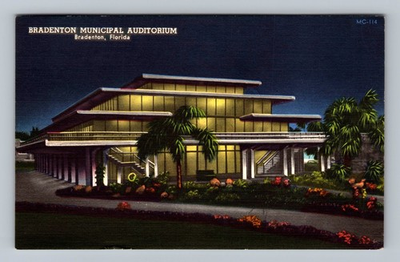 #ad Bradenton FL Florida Night Municipal Auditorium Vintage c1966 Postcard Postal $0.99