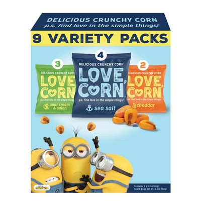 LOVE CORN: 9ct Variety Pack: Sea Salt, Cheddar, and Sour Cream & Onion (9 x 0.7o