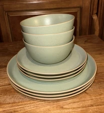 Over and Back 9pc Sage Green Speckled Stoneware Dinnerware Set-Service for 3 EUC