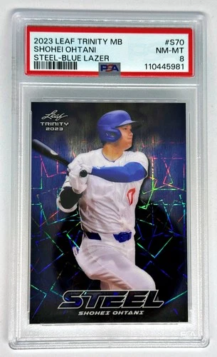Shohei Ohtani 2023 Leaf Trinity #S-70 Steel Blue Laser /99 - PSA8